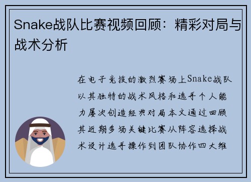 Snake战队比赛视频回顾：精彩对局与战术分析