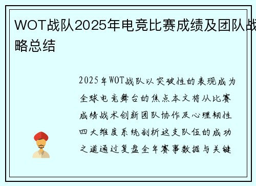 WOT战队2025年电竞比赛成绩及团队战略总结