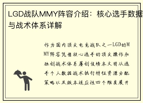 LGD战队MMY阵容介绍：核心选手数据与战术体系详解